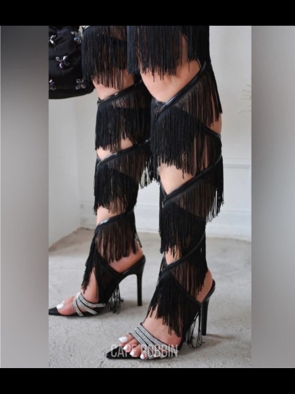 Cape Robbin Black Patent Pointed Toe Rhinestone Heels strap up leg Size 7